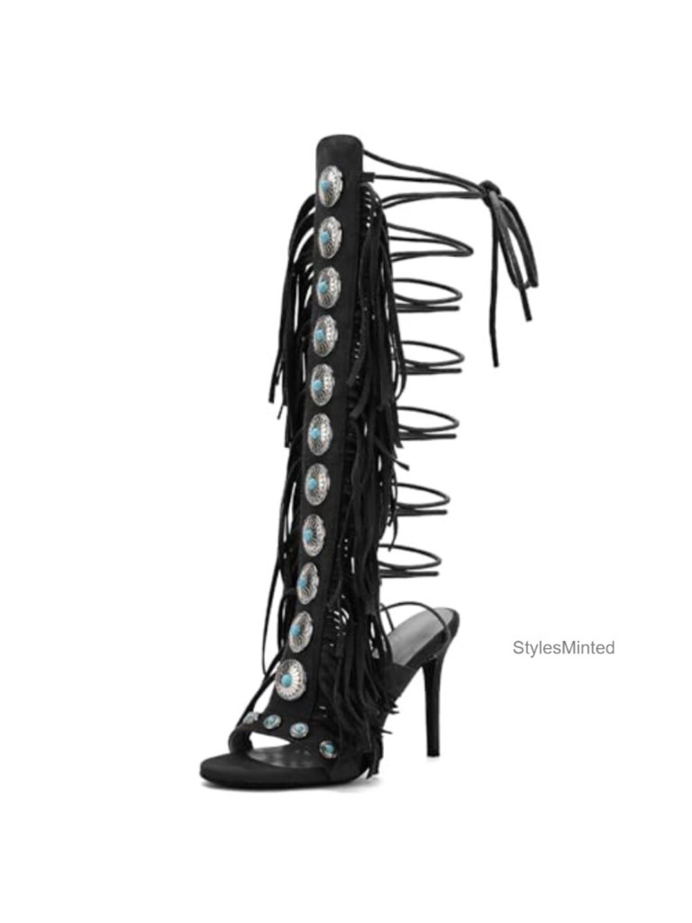 Women's Strappy Knee High Heeled Sandals Suede Fringe Lace Up Stiletto